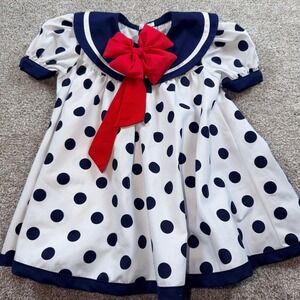 Vintage 1996 Polka Dot Sailor Dress Red Bow Navy White Baby Girls 18 Months